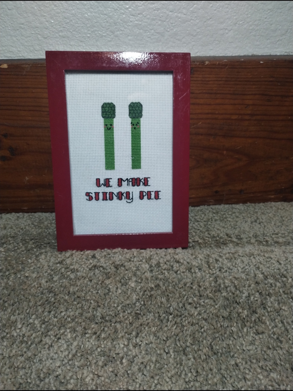 Red Framed Needle Point Funnycore We Make Stinky Pee Asparagus
